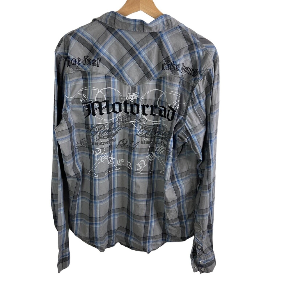 Fox Mens Gray Plaid Long Sleeve Pearl Snap Motorrad Embroidered Shirt Large Gray